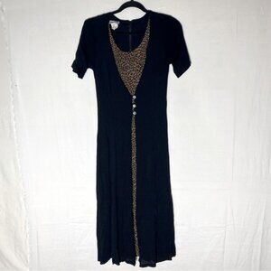 SOLD-Vintage 90’s La Redoute Black W Animal Print Short Sleeve Midi Dress 6